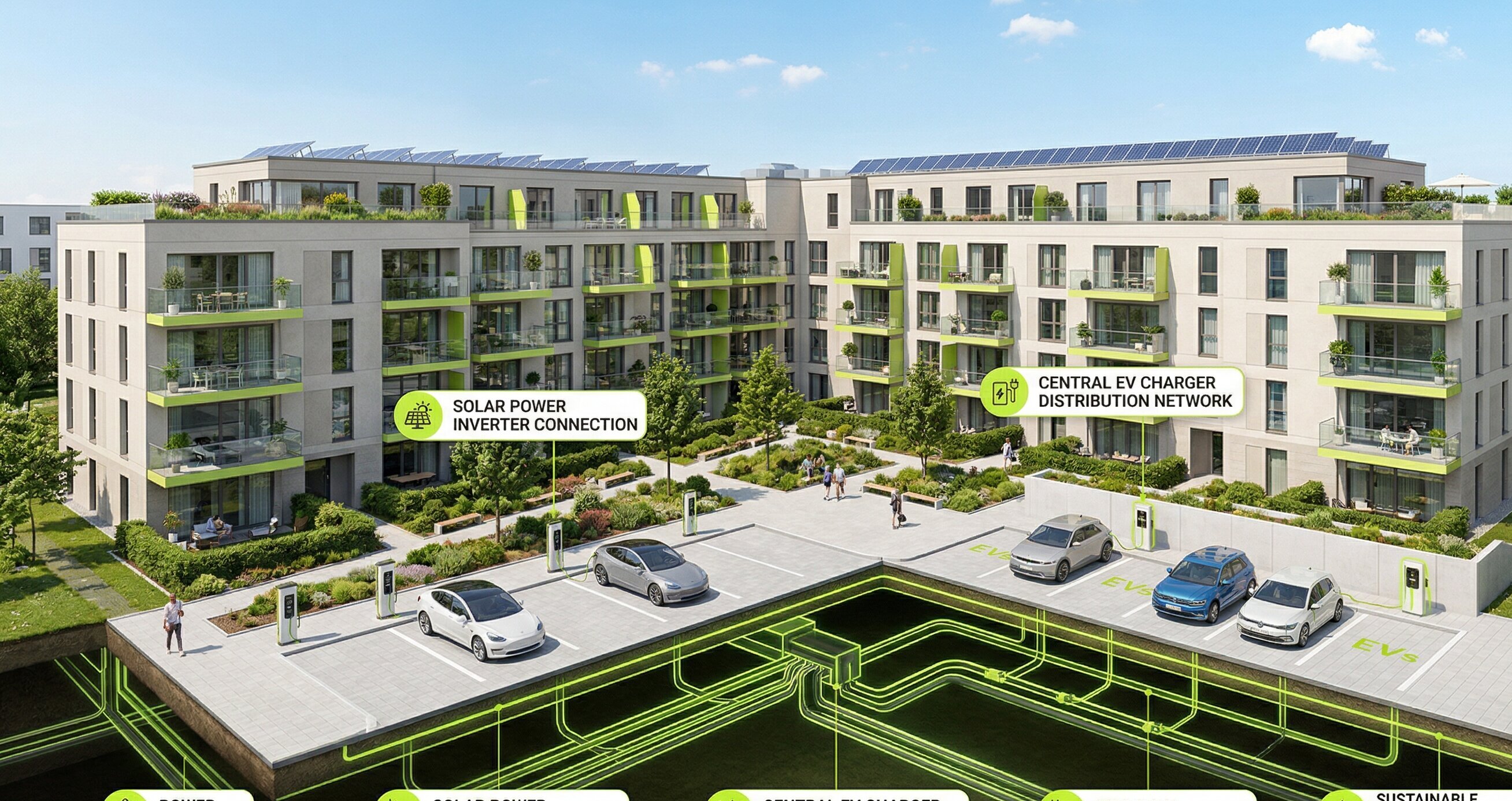 Infografik: Ladeinfrastruktur-Verteilung in einem Mehrfamilienhaus-Komplex