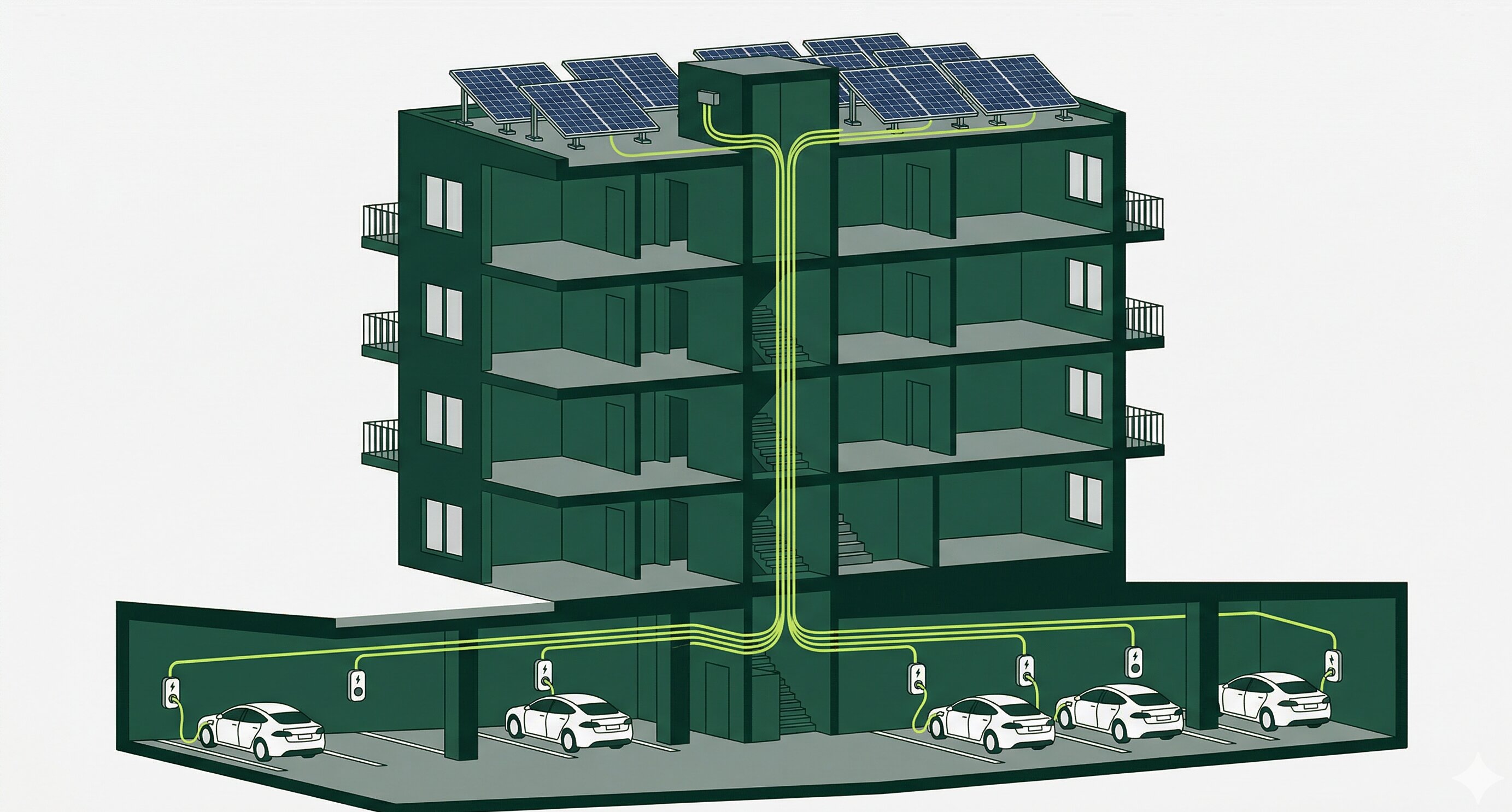 Isometrie: Mehrfamilienhaus mit PV-Anlage und Verkabelung zu den Stellplätzen